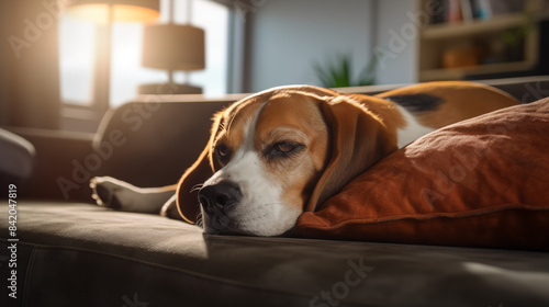 Beagle dog on sofa