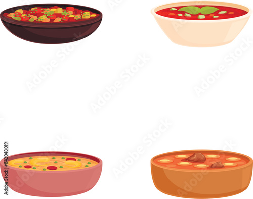 Spanish dish icons set cartoon vector. Traditional spanish cuisine dish. Mediterranean cuisine