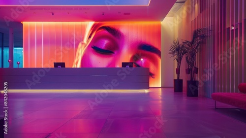 Modern reception area with illuminated LED screen displaying a close-up of a woman’s face. Lobby is brightly colored with pink and purple lights.