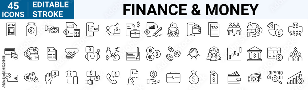 Finance money line web icons. Containing loan, cash, saving, financial goal. Editable stroke. Finance money line web icons. Containing loan, cash, saving, financial goal. Editable stroke.