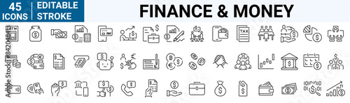 Finance money line web icons. Containing loan, cash, saving, financial goal. Editable stroke. 