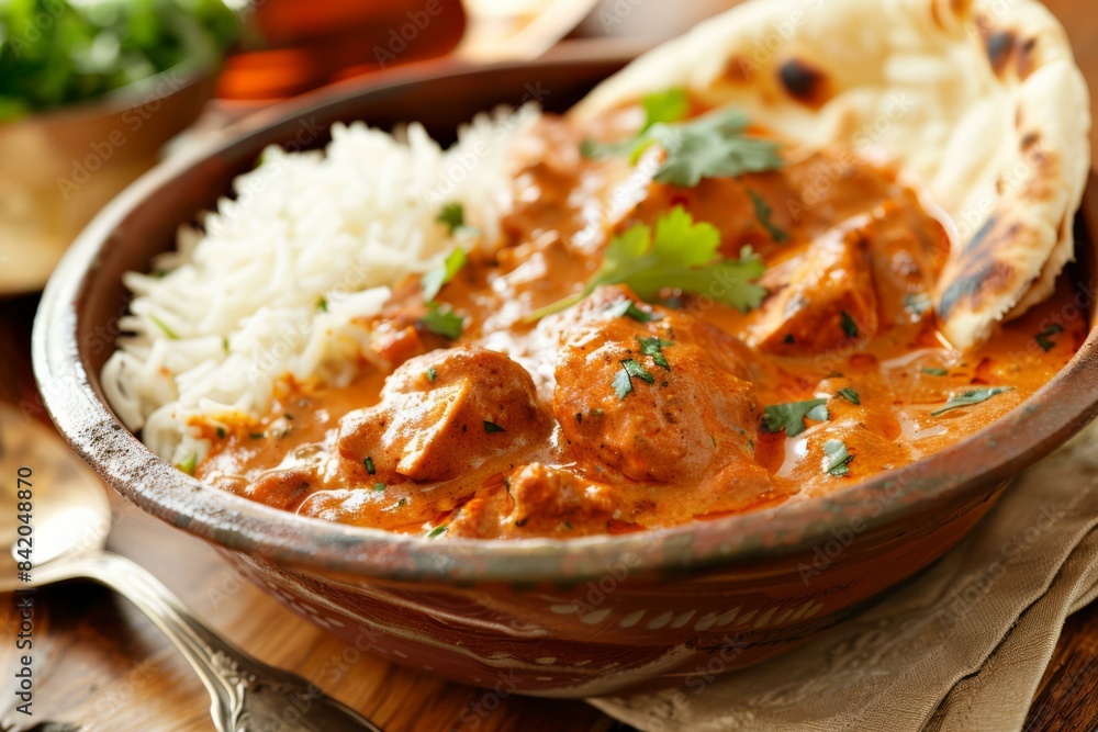 Delicious Chicken Tikka Masala with Rice and Naan, Indian Cuisine Delicious Chicken Tikka Masala with Rice and Naan, Indian Cuisine