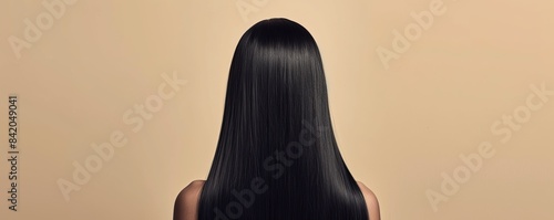 Woman with long sleek black hair shown from the back, minimalist beauty concept photo