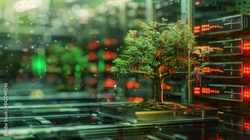 The circuit board and the tree symbolize the harmonious coexistence of nature and technology, and the green color represents the hope for a sustainable future