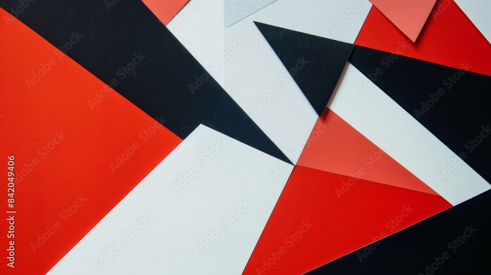 Composition of geometric shapes with a strong use of color contrast. The shapes are primarily triangles and parallelograms, and they are arranged in a layered fashion Composition of geometric shapes with a strong use of color contrast. The shapes are primarily triangles and parallelograms, and they are arranged in a layered fashion