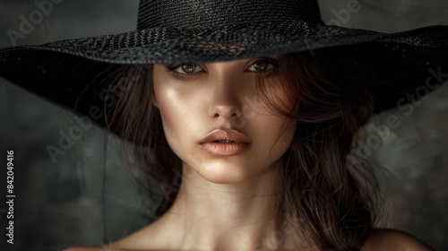 Close-up portrait of a woman wearing a black straw hat. She has a fair complexion, with her brown hair partially visible and framing her face © Олег Фадеев