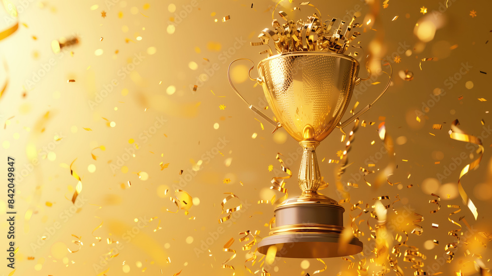 Golden trophy and streamers, business and competition concept, plain background. Generative AI Golden trophy and streamers, business and competition concept, plain background. Generative AI