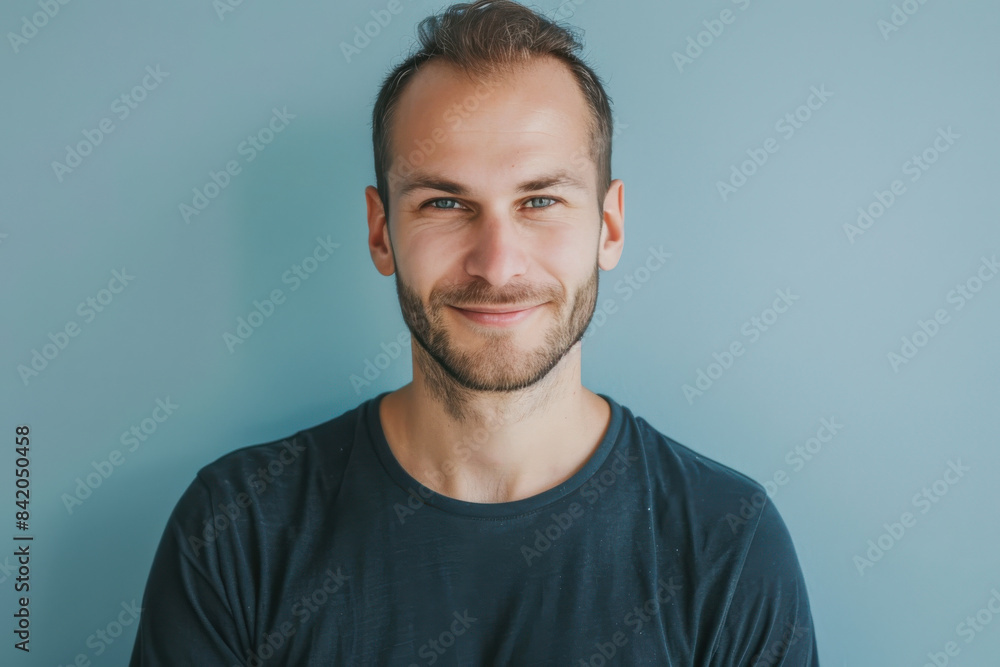 A close up portrait of a young man with a subtle smile A close up portrait of a young man with a subtle smile