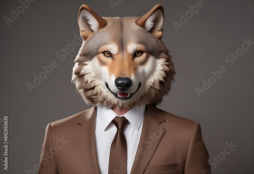 A man with a wolf head wearing a brown suit and tie