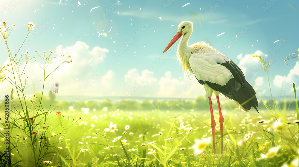 Fototapeta premium White stork ciconia ciconia the bird is walking in the meadow dawn Morning Grace: White Stork Ciconia ciconia in Dewy Meadow