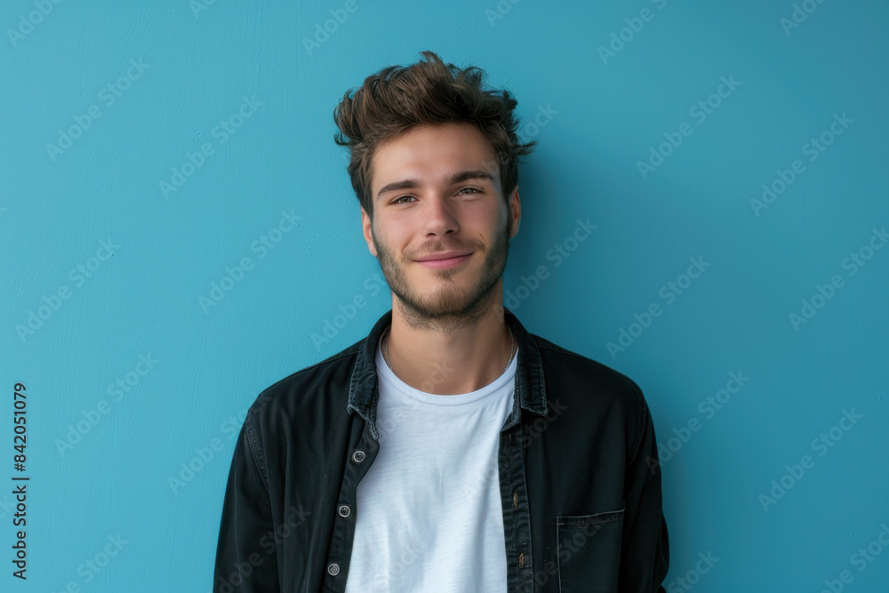 A close up portrait of a young man with a subtle smile A close up portrait of a young man with a subtle smile