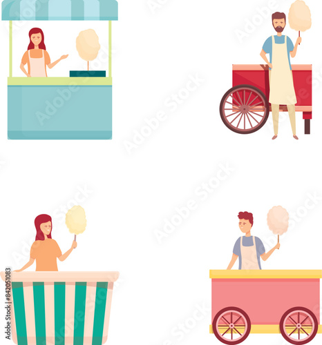 Sweet seller icons set cartoon vector. Seller of cotton candy near trolley. Amusement park