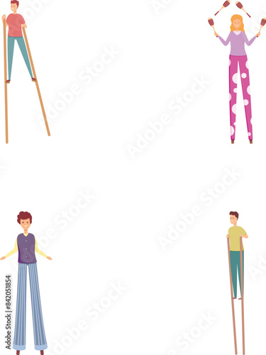Human stilt icons set cartoon vector. Young people walking on stilt. Circus and street art