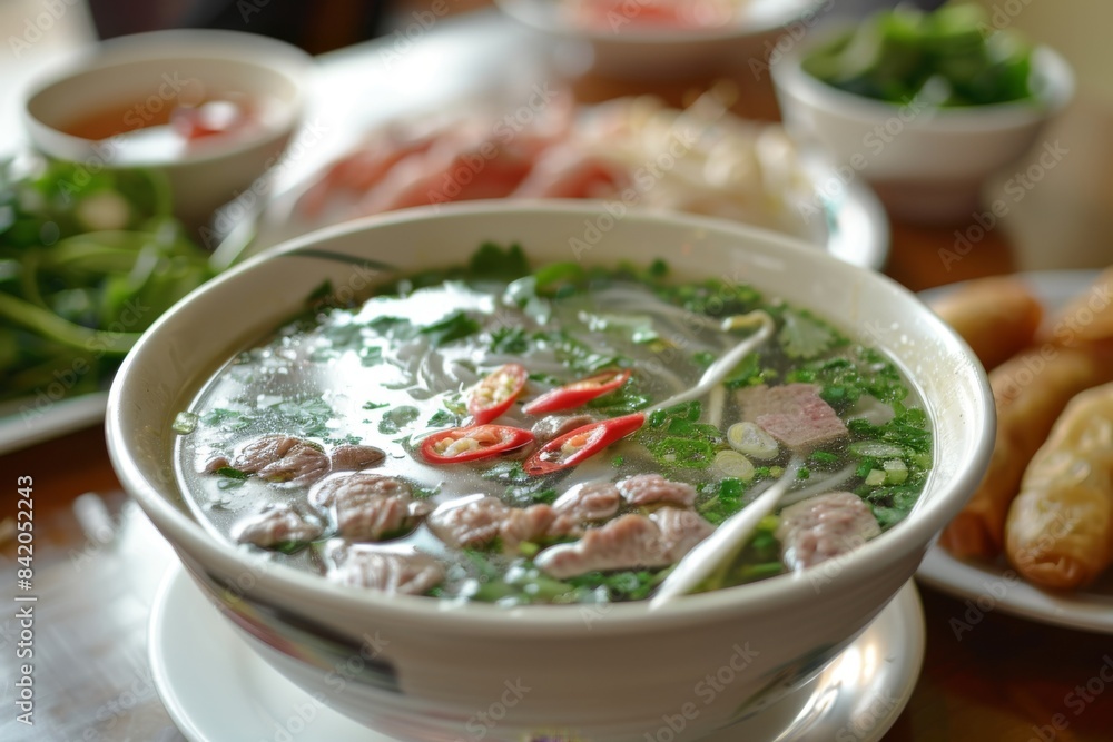 A bowl of vietnamese beef noodle soup with chili peppers and herbs A bowl of vietnamese beef noodle soup with chili peppers and herbs