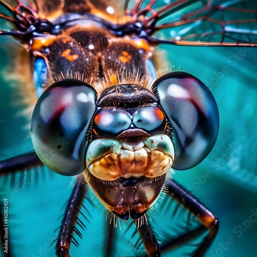 Macro shot of a dragonfly head on a green background.