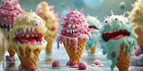 Banner of Ice cream cones with colorful, monstrous creatures, symbolizing harmful bacteria in spoiled or chemically tainted ice cream, risks of consuming expired or unsafe food products. photo