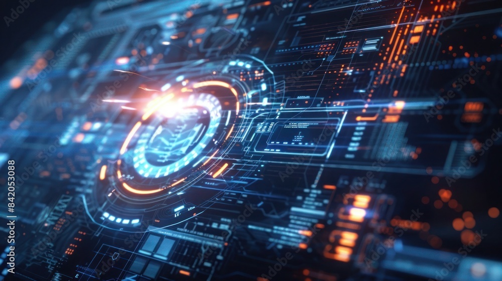 Futuristic digital interface with glowing circuits. A high-tech representation of data processing, perfect for technology and innovation themes. Futuristic digital interface with glowing circuits. A high-tech representation of data processing, perfect for technology and innovation themes.