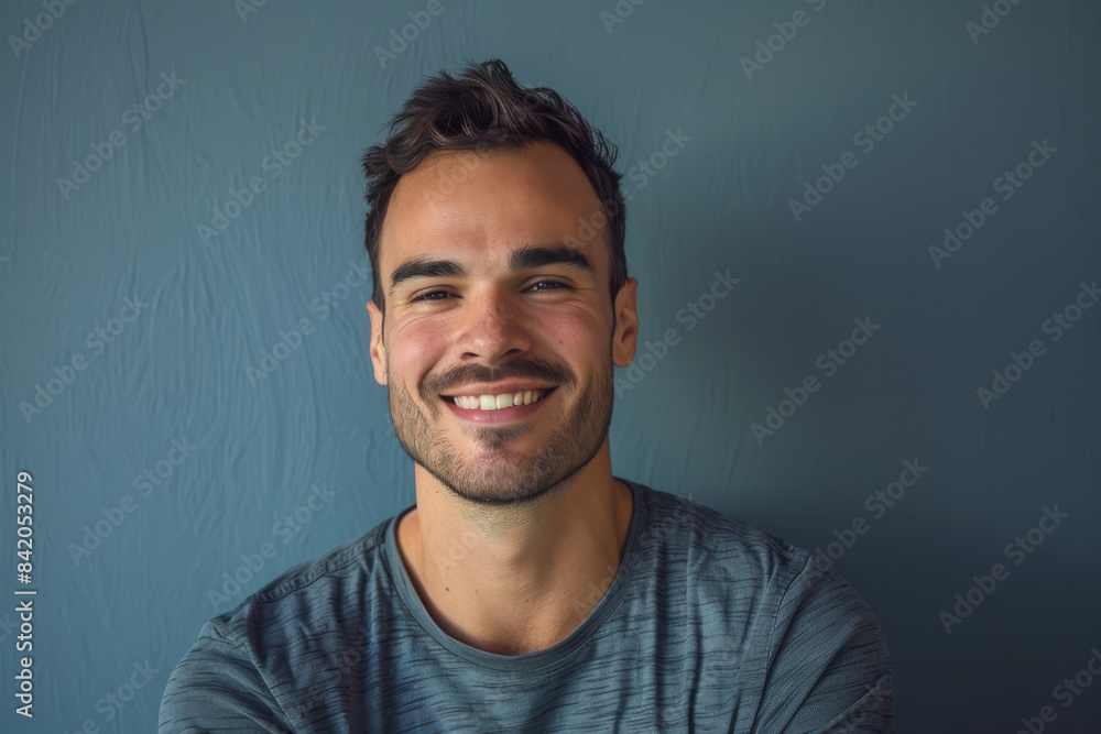 A close up portrait of a young man with a subtle smile A close up portrait of a young man with a subtle smile