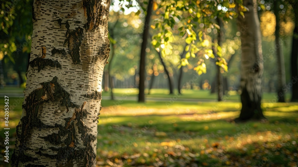 Obraz premium Birch tree trunk positioned at the center of a park s frame