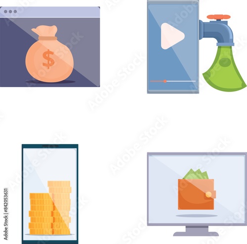 Content monetization icons set cartoon vector. Way to make money online. Modern technology