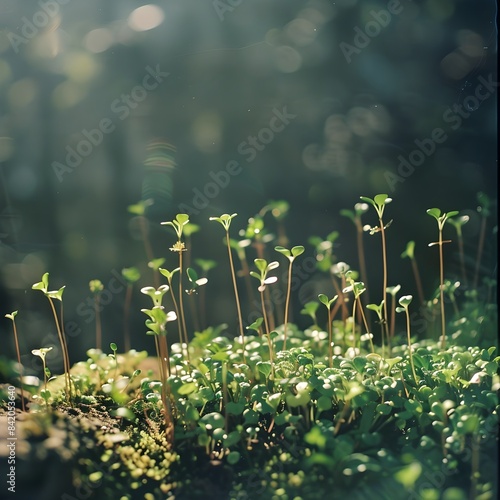 Healing green fine sprouts and small flowers flowting the air photo