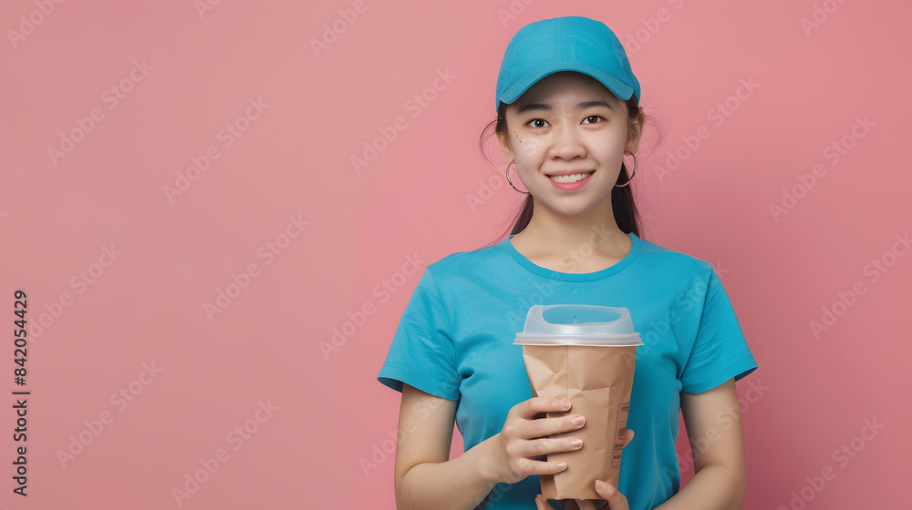 Delivery girl employee woman wear blue cap t-shirt uniform workwear work as dealer courier hold clear blank craft paper bag, brown cup coffee to go isolated on plain pink background. Service concept. Delivery girl employee woman wear blue cap t-shirt uniform workwear work as dealer courier hold clear blank craft paper bag, brown cup coffee to go isolated on plain pink background. Service concept.