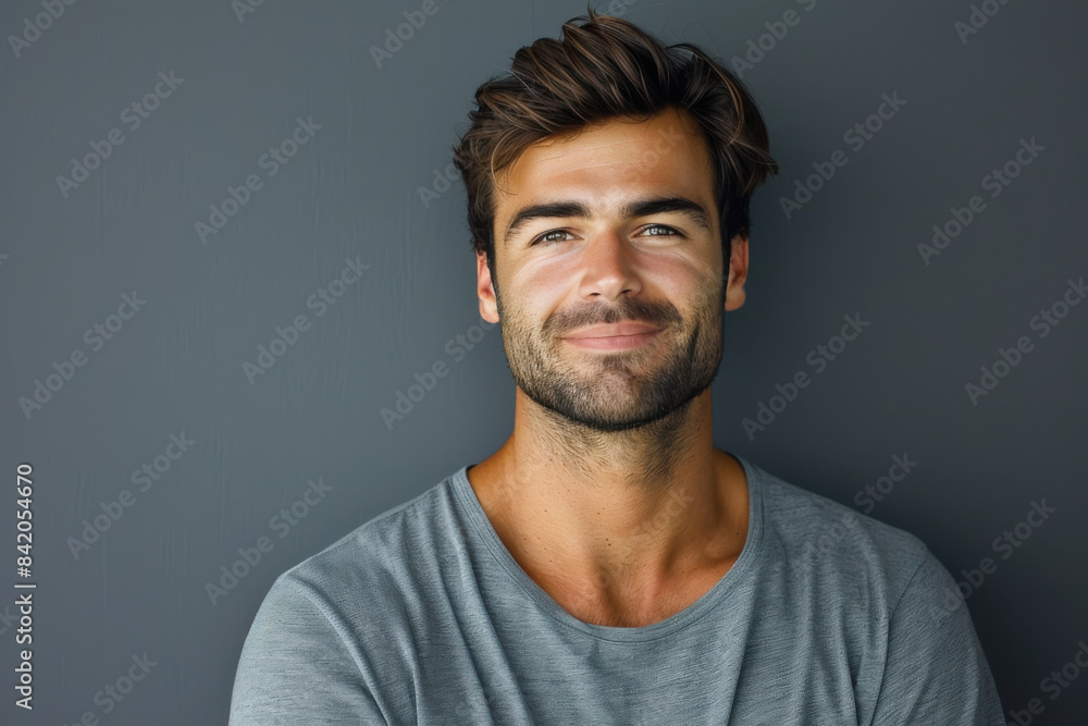 A close up portrait of a young man with a subtle smile A close up portrait of a young man with a subtle smile