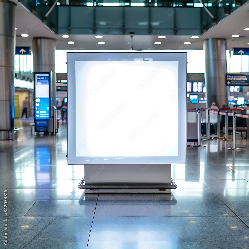 Wide square blank light box positioned near the main security checkpoint at an airport. Wide square blank light box positioned near the main security checkpoint at an airport.