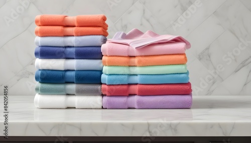 A stack of neatly folded colorful towels and clothes on a marble countertop
