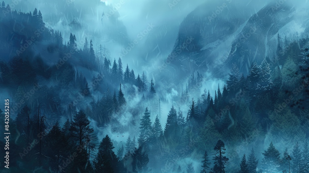 Obraz premium Dense blue mist enveloping a mountain forest