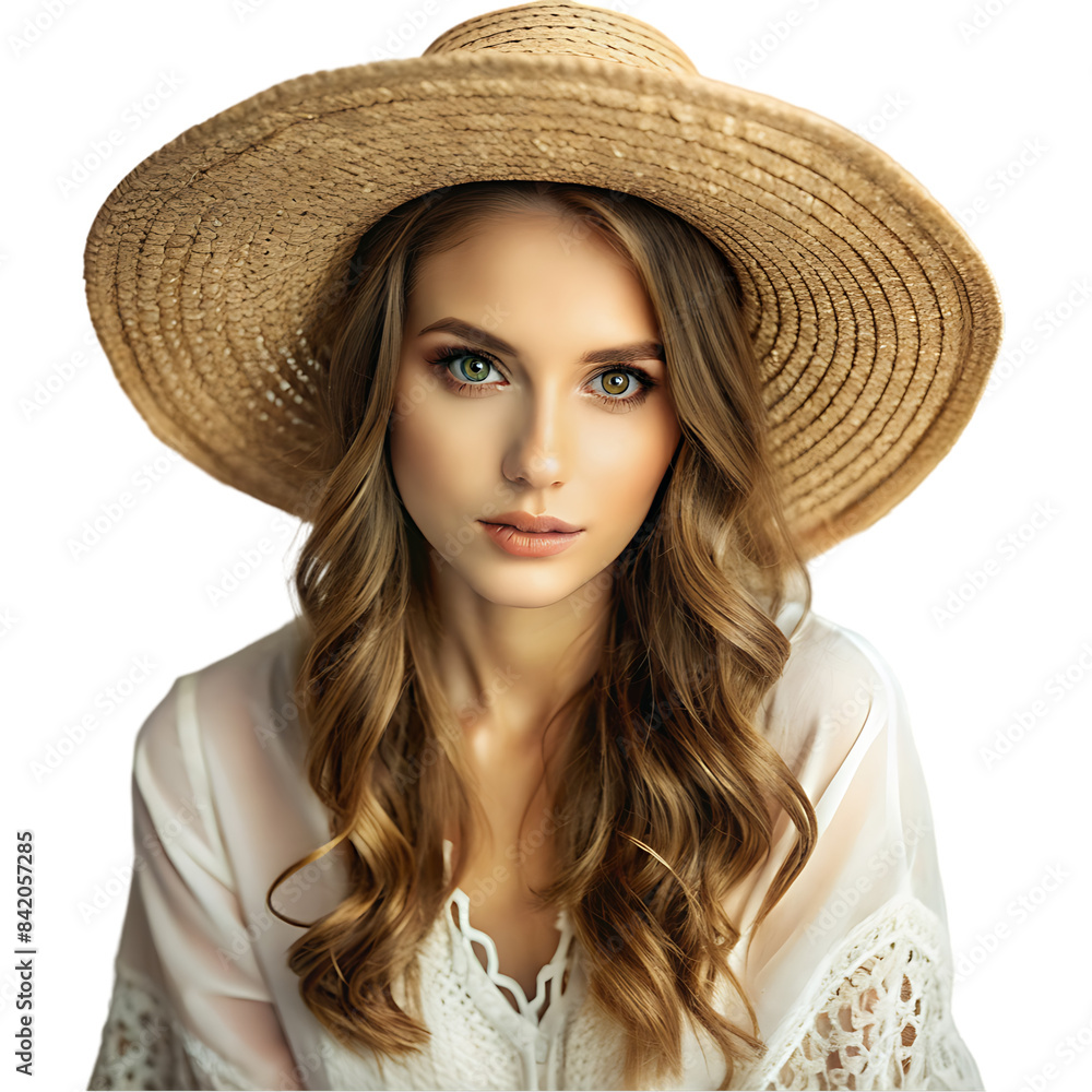 happy attractive young woman in flowered dress and hat happy attractive young woman in flowered dress and hat