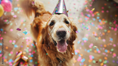 happy cute dog in party hat celebrating birthday surrounded by falling confetti photo