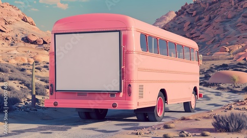 Coral pink bus with empty billboard on the back, desert in the background.