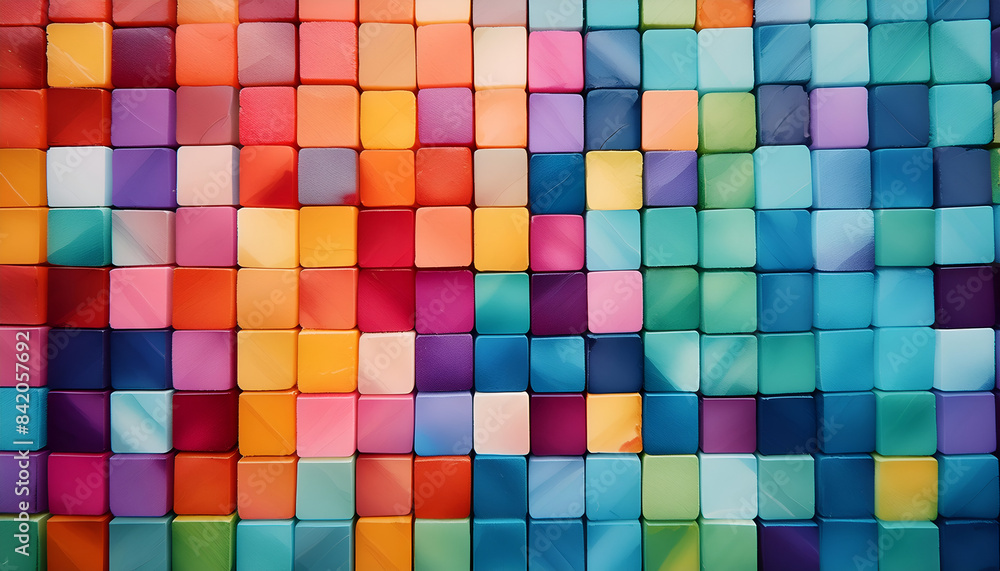Abstract background of squares and 3D colorful cubes mosaic and geometric. Red yellow blue green purple red pink Abstract background of squares and 3D colorful cubes mosaic and geometric. Red yellow blue green purple red pink