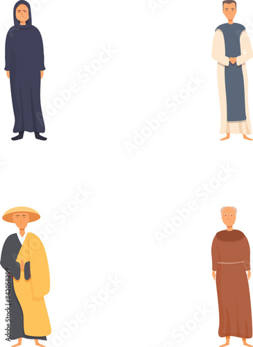 Religion people icons set cartoon vector. Various religious church leader. World religions