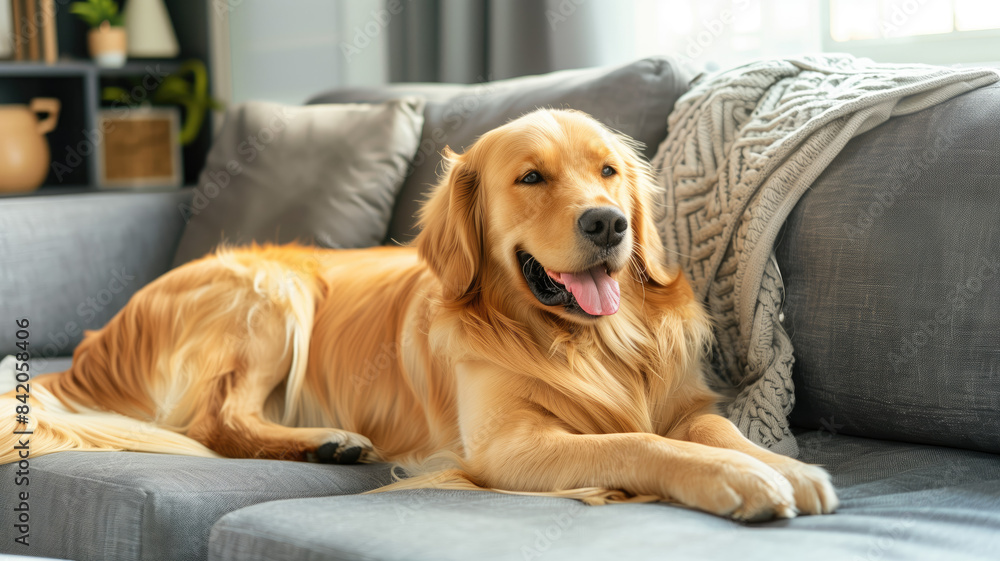 happy golden retriever dog is lying on a cozy sofa in a modern living room. happy golden retriever dog is lying on a cozy sofa in a modern living room.