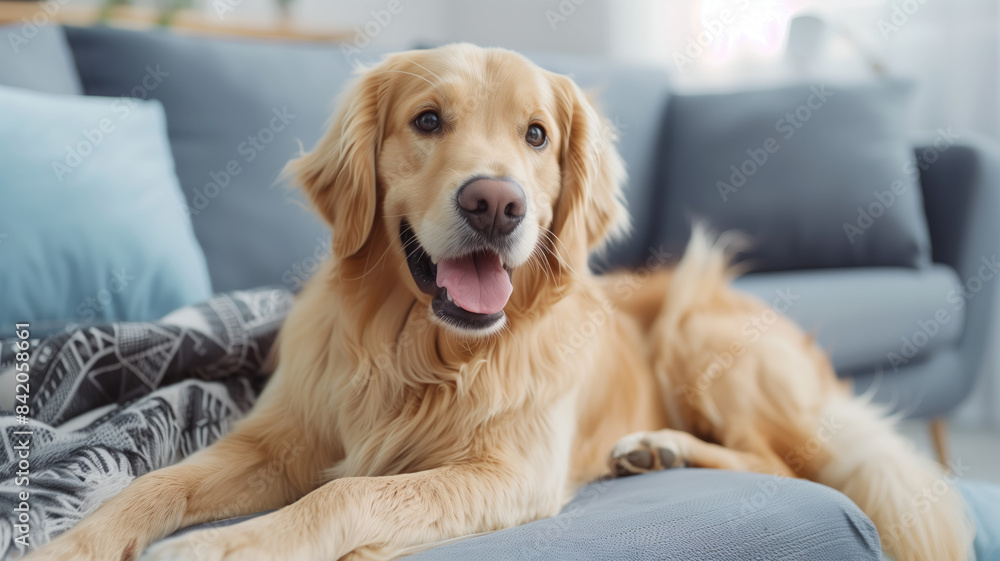 happy golden retriever dog is lying on a cozy sofa in a modern living room. happy golden retriever dog is lying on a cozy sofa in a modern living room.