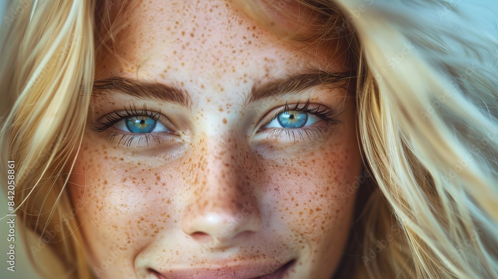 Freckles blonde blue-eyed woman, perfect skin smiling Freckles blonde blue-eyed woman, perfect skin smiling