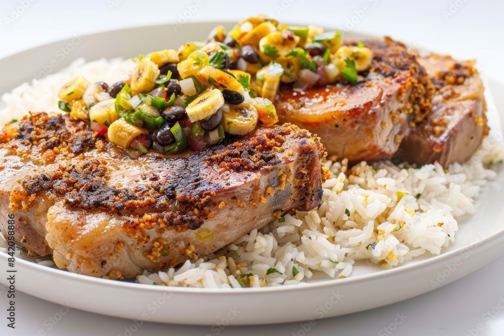 Irresistible Jerk Pork Chops with Banana Chip Crust and Roasted Banana Chips