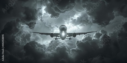 Black and white picture of cloudy sky with airplane and its lights shining. Concept Airplane Lights, Cloudy Sky, Black and White Photography