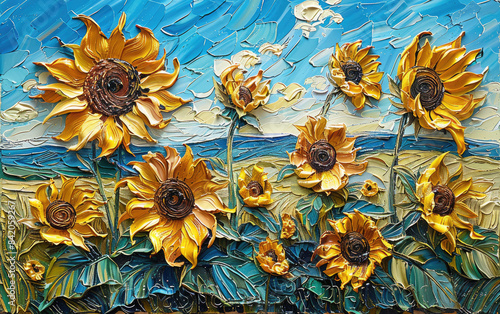 3D embossed oil painting of sunflowers, yellow and blue background, in the style of Van Gogh. Created with AI