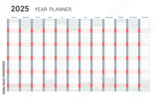 2025 year planner, wall calendar template in minimal style. Blank planner for 2025 year with twelve months vertical grid gray and red colors for daily and monthly agenda, vector illustration