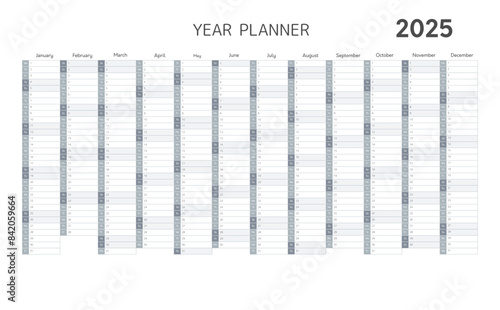 2025 year planner, wall or desk calendar in gray colors. Blank planner template for 2025 year with twelve months vertical grid for daily and monthly agenda in minimal style, vector illustration