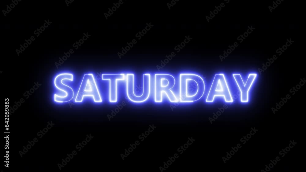 Glowing and flickering neon SATURDAY sign in blue on black. Written in capital letters and a variety of motion and brightness. Glowing and flickering neon SATURDAY sign in blue on black. Written in capital letters and a variety of motion and brightness.