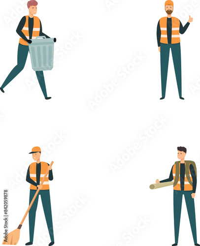 Street janitor icons set cartoon vector. Men street cleaner behind work. City service concept