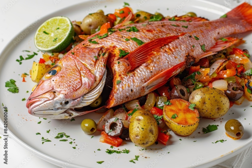Vibrant Baked Red Snapper with Sautéed Vegetables and Chopped Parsley Vibrant Baked Red Snapper with Sautéed Vegetables and Chopped Parsley