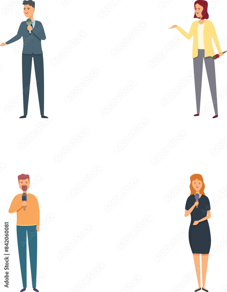 Journalism icons set cartoon vector. Man and woman journalist broadcasting live. Live reporting Journalism icons set cartoon vector. Man and woman journalist broadcasting live. Live reporting