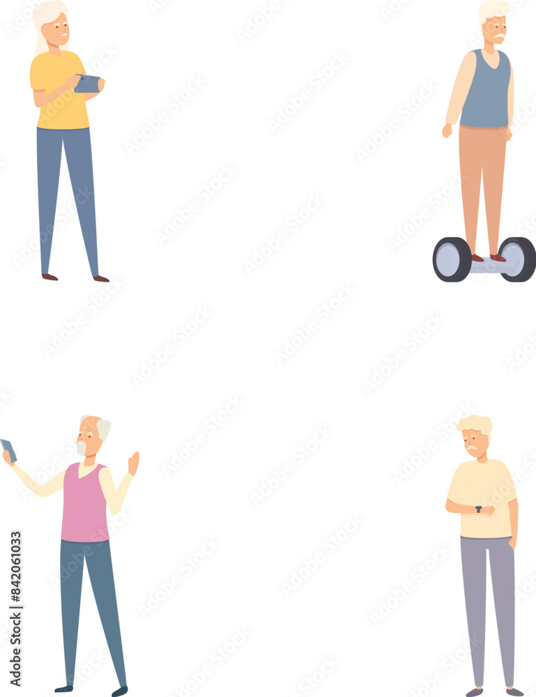 Fototapeta premium Active elderly icons set cartoon vector. Modern grandparent actively spends time. Longevity concept
