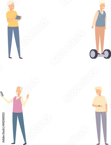 Active elderly icons set cartoon vector. Modern grandparent actively spends time. Longevity concept