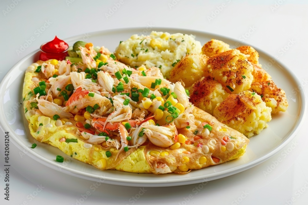 Appetizing Crabmeat Omelet and Crispy Potato Garnish Appetizing Crabmeat Omelet and Crispy Potato Garnish